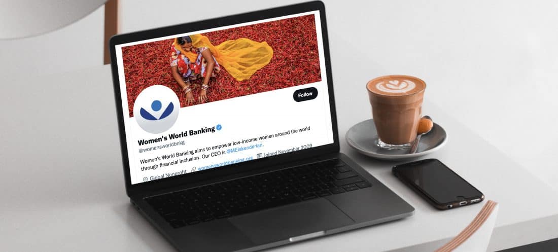 Women's world banking twitter page on laptop screen