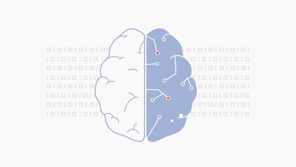 Illustration of a brain divided into two halves. The left half is depicted with a plain outline, representing the human brain, while the right half is filled with a blue color and connected with white lines and red dots, symbolizing artificial intelligence and neural networks. The background consists of a pattern of binary code.