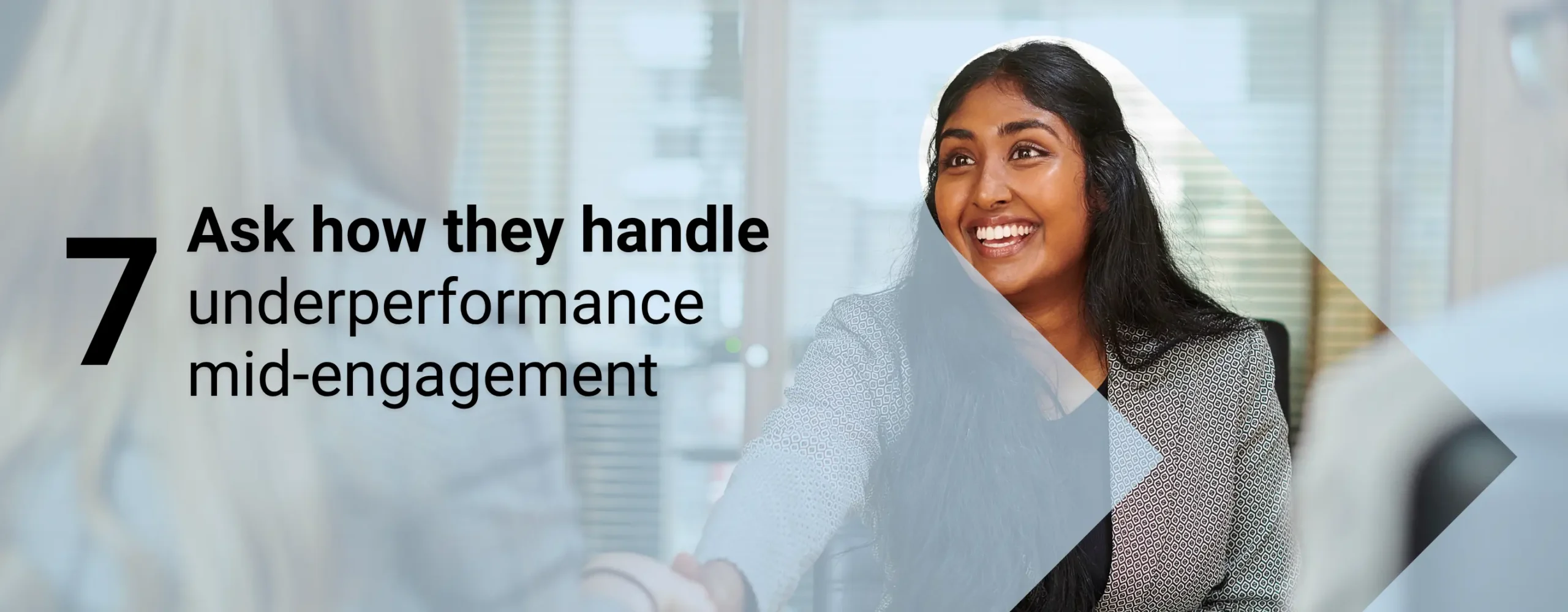 A nonprofit decision-maker asking a nonprofit marketing agency important onboarding questions with overlay text that reads, “Ask how they handle underperformance mid-engagement”