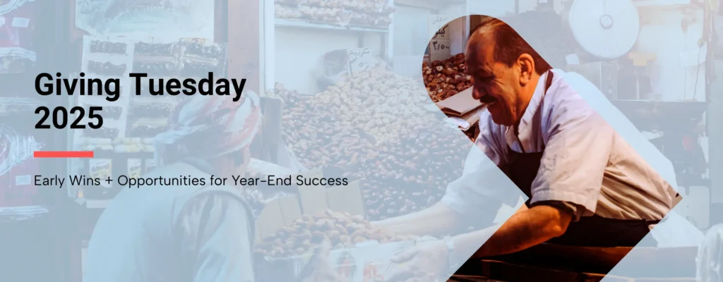 A nonprofit food bank worker giving out care packages to those in need with overlay text that reads “Giving Tuesday 2025: Early Wins + Opportunities for Year-End Success”