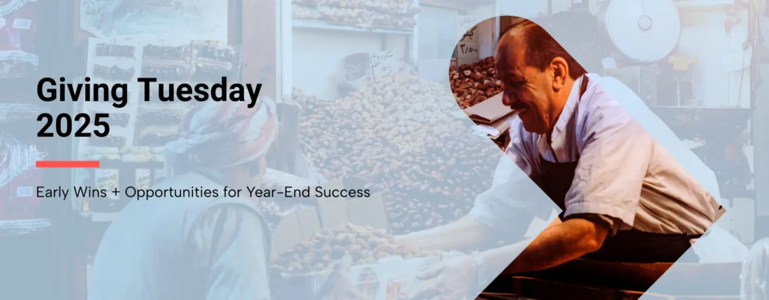 A nonprofit food bank worker giving out care packages to those in need with overlay text that reads “Giving Tuesday 2025: Early Wins + Opportunities for Year-End Success”