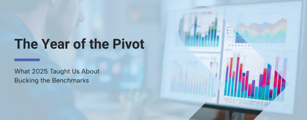 A nonprofit marketing professional measuring yearly benchmarks with overlay text that reads, “The Year of the Pivot: What 2025 Taught Us About Bucking the Benchmarks”