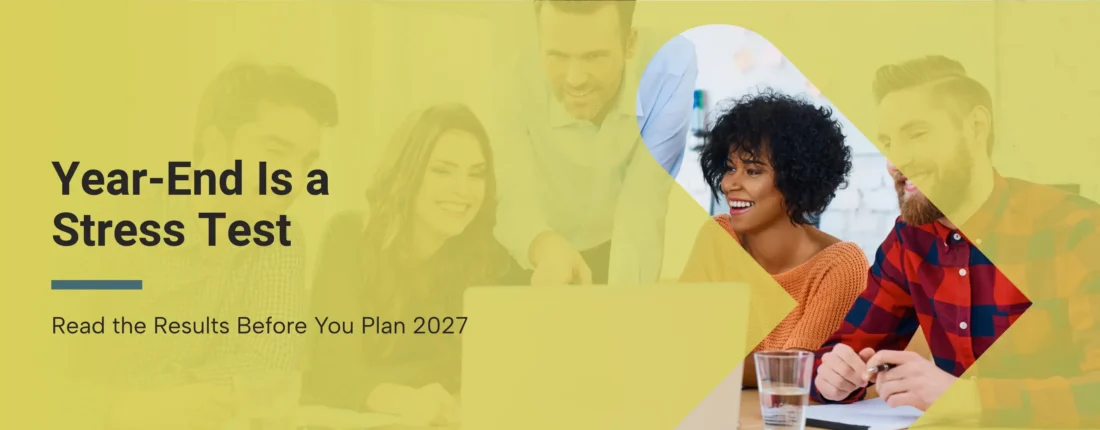Nonprofit marketing team creating real results for a year-end fundraising campaign, with overlay text that says “Year-End Is a Stress Test. Read the Results Before You Plan 2027”