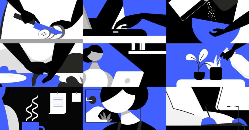 series of graphic images showcasing every day tasks like working, watering plants, chopping vegetables