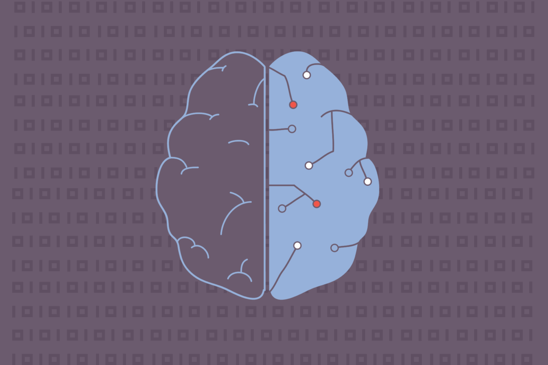 brain graphic with code in the background. brain image is split in two, with one side looking like a web wireframe.