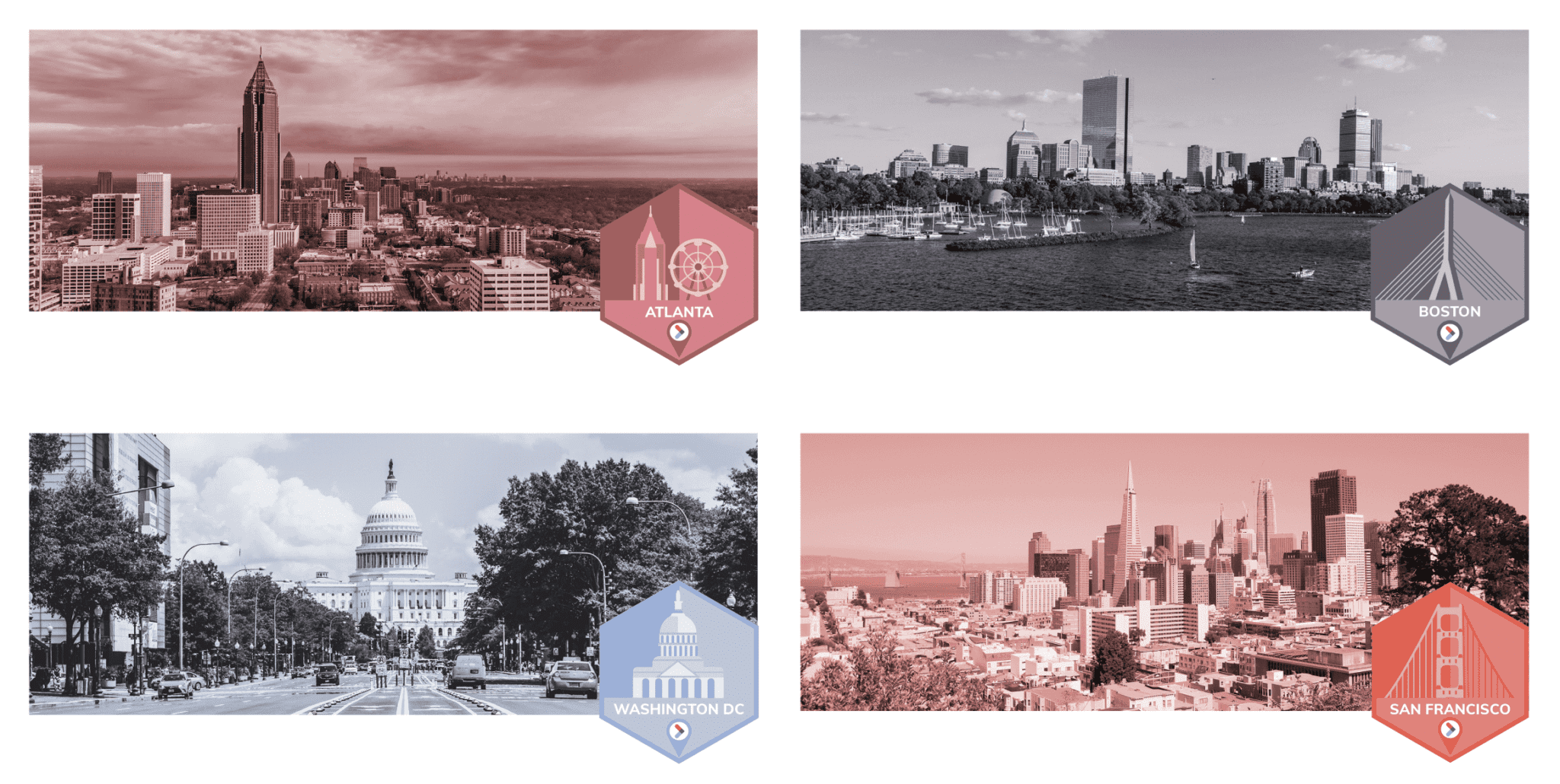 Four city skylines: Atlanta, Boston, Washington, DC, and San Francisco.