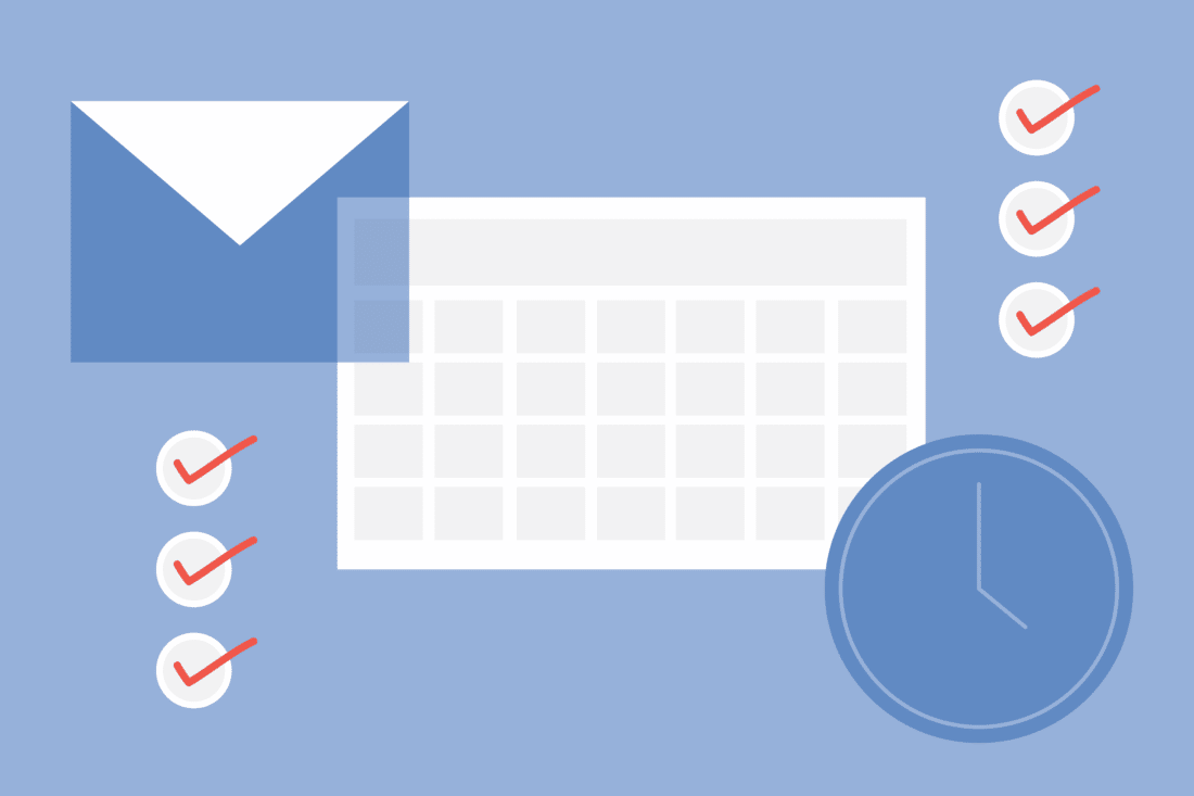 graphics of project management toold: checklists, clicks, emails, and a calendar
