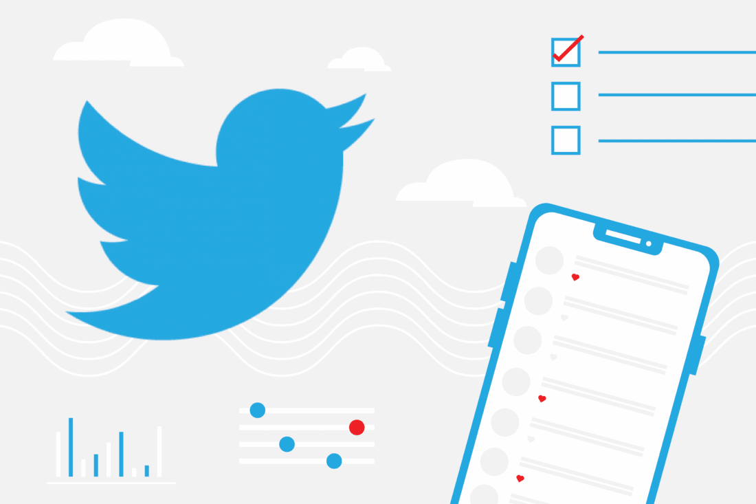Graphics of phone, check list, and Twitter logo