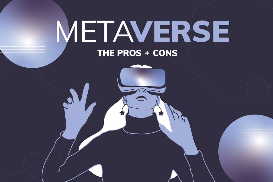 "Metaverse: the pros and cons" with graphic of person using VR headset