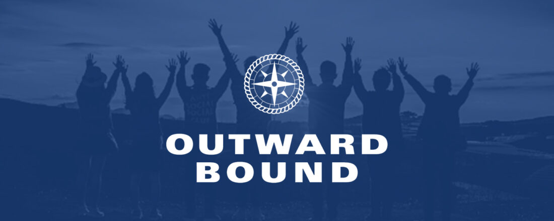 Outward Bound logo with a faded image of people raising their hands with the sun setting behind them