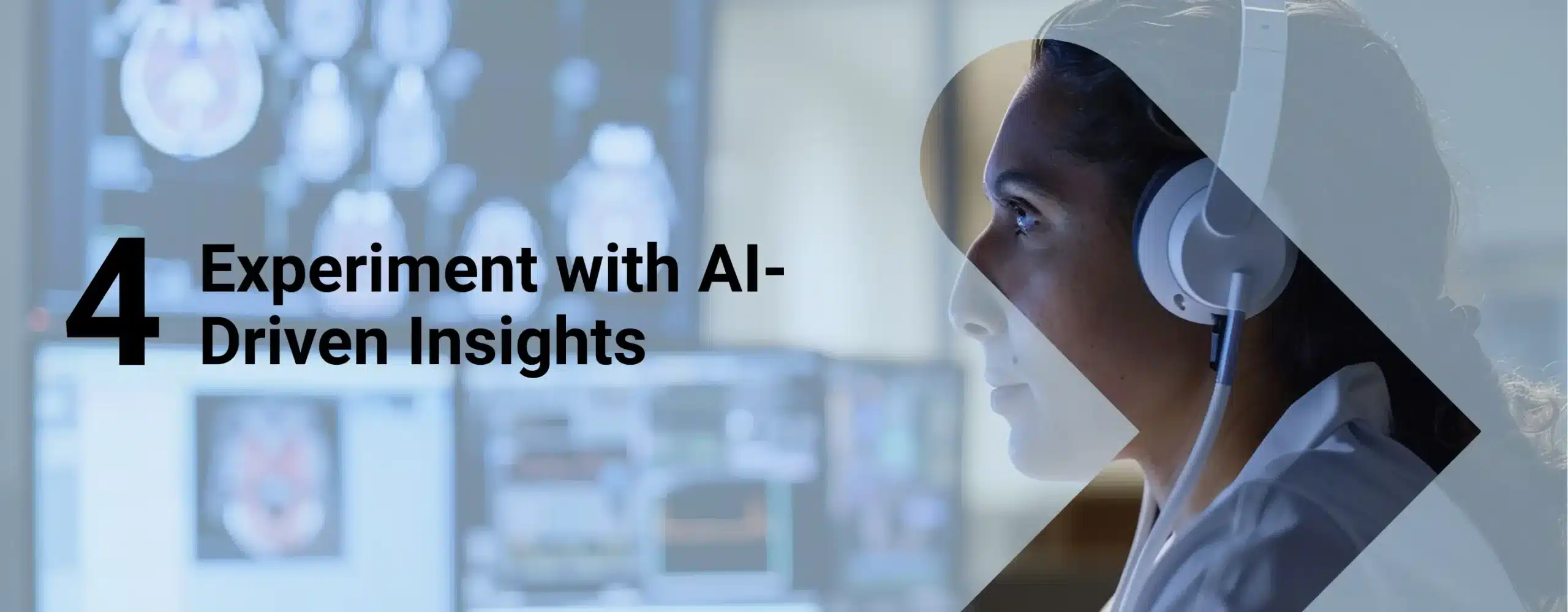 A digital marketer measuring and reviewing AI insights with overlay text that reads, “4. Experiment with AI-Driven Insights”
