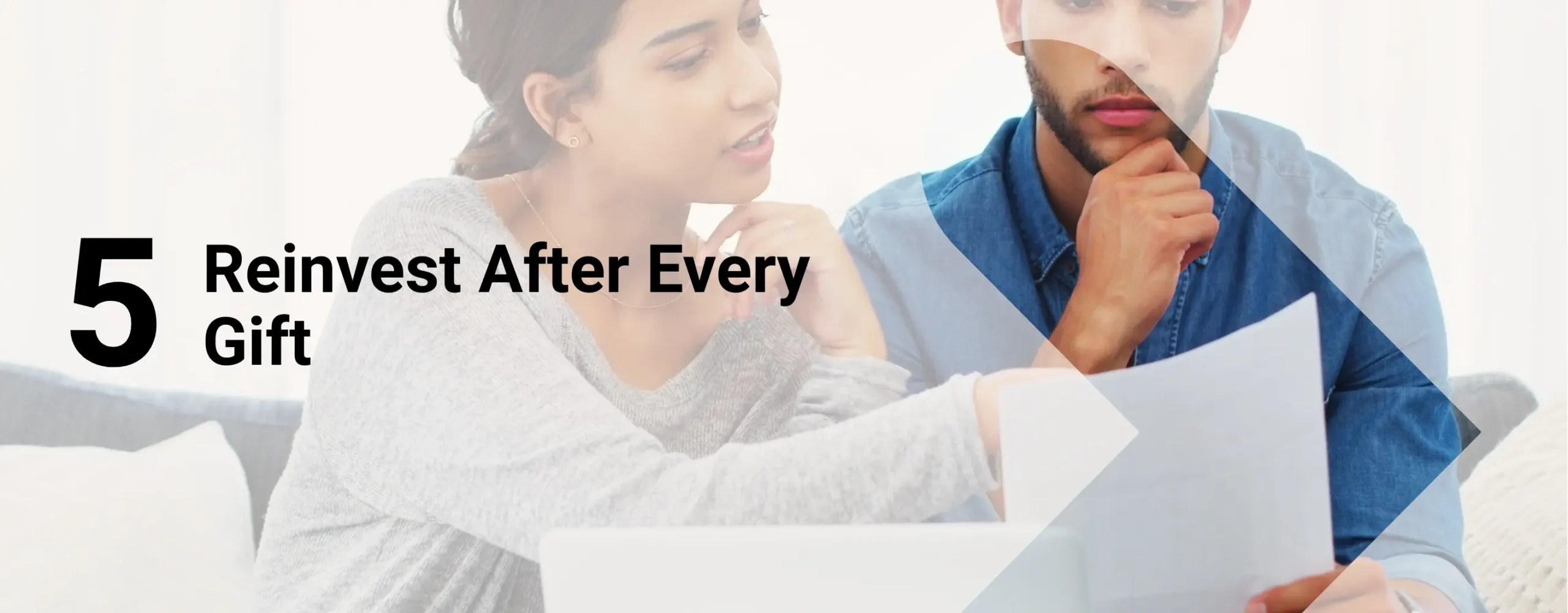 A couple trying to figure out which nonprofit they want to donate to with overlay text that reads, “Reinvest After Every Gift