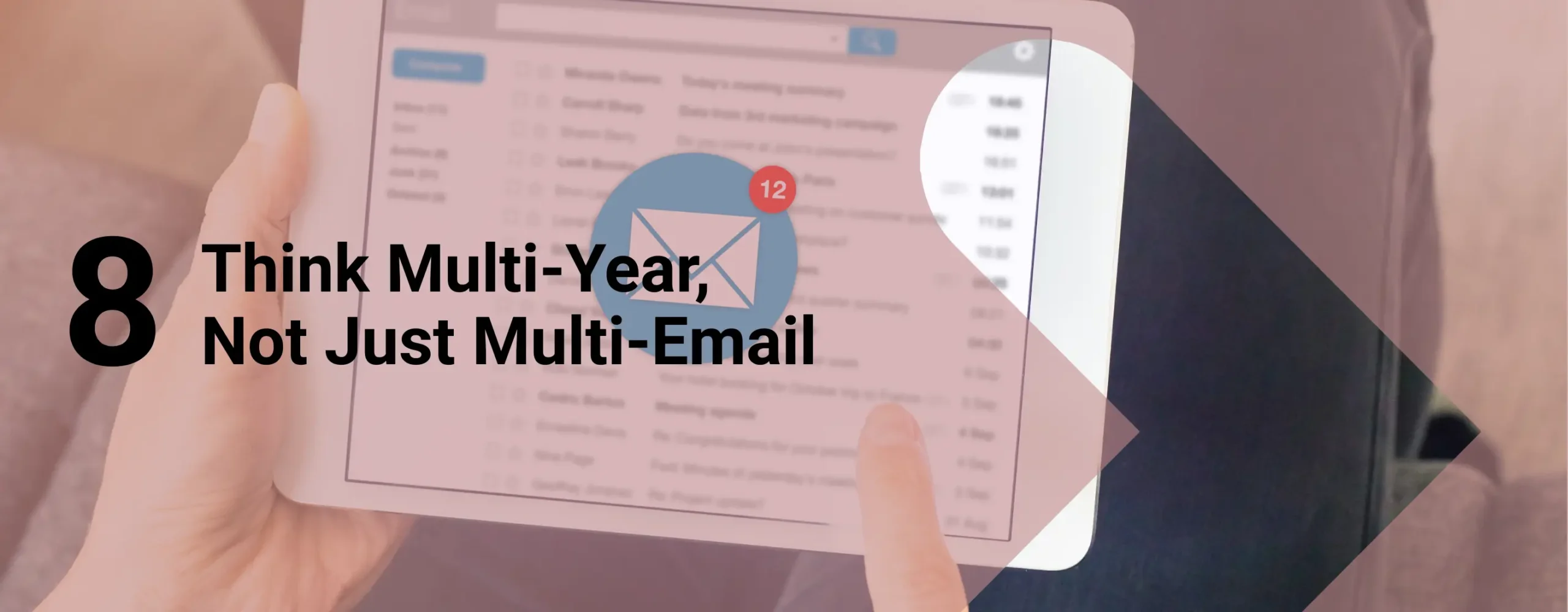 A tablet checking email with overlay text that reads, “Think Multi Year Not Just Multi Email”