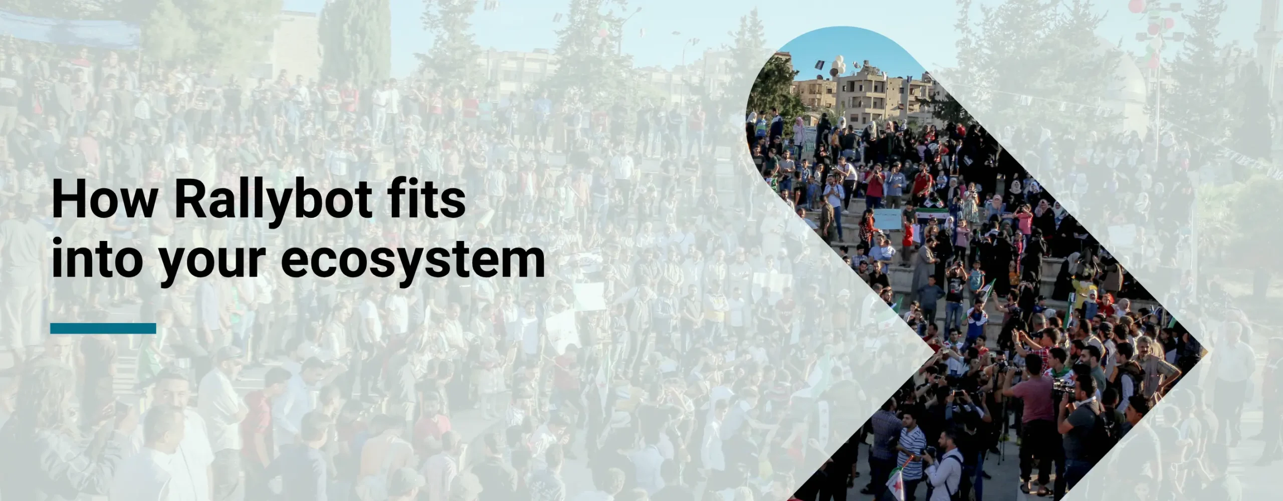 A large group of people participating in a protest with overlay text that reads “How Rallybot fits into your ecosystem”