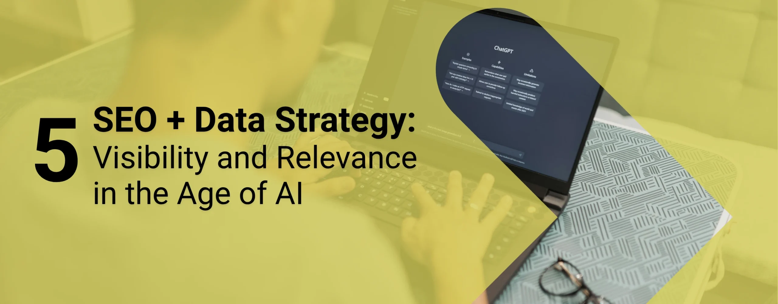 A GEO specialist using an AI tool to help analyze data with overlaid text that reads, “SEO + Data Strategy: Visibility and Relevance in the Age of AI”