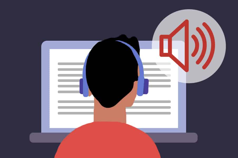 graphic of person sitting in front of laptop with headphones on and a noise symbol in the corner