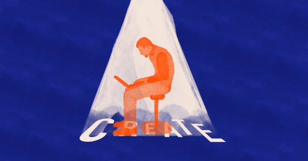 Illustration of man sitting on stool with the word create