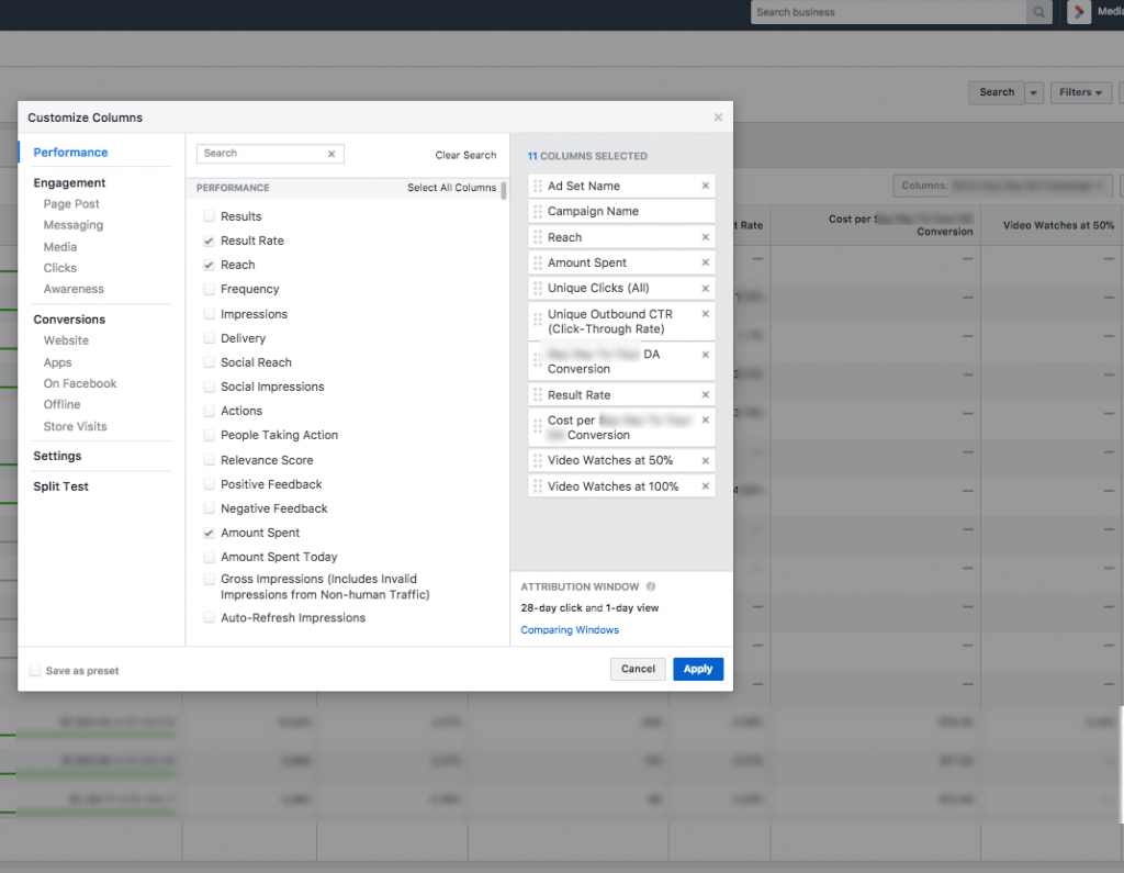 customizing columns on ad dashboard