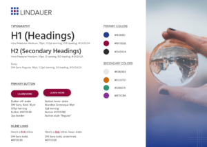 Lindauer style guide showcasing fonts, colors, and image of globe