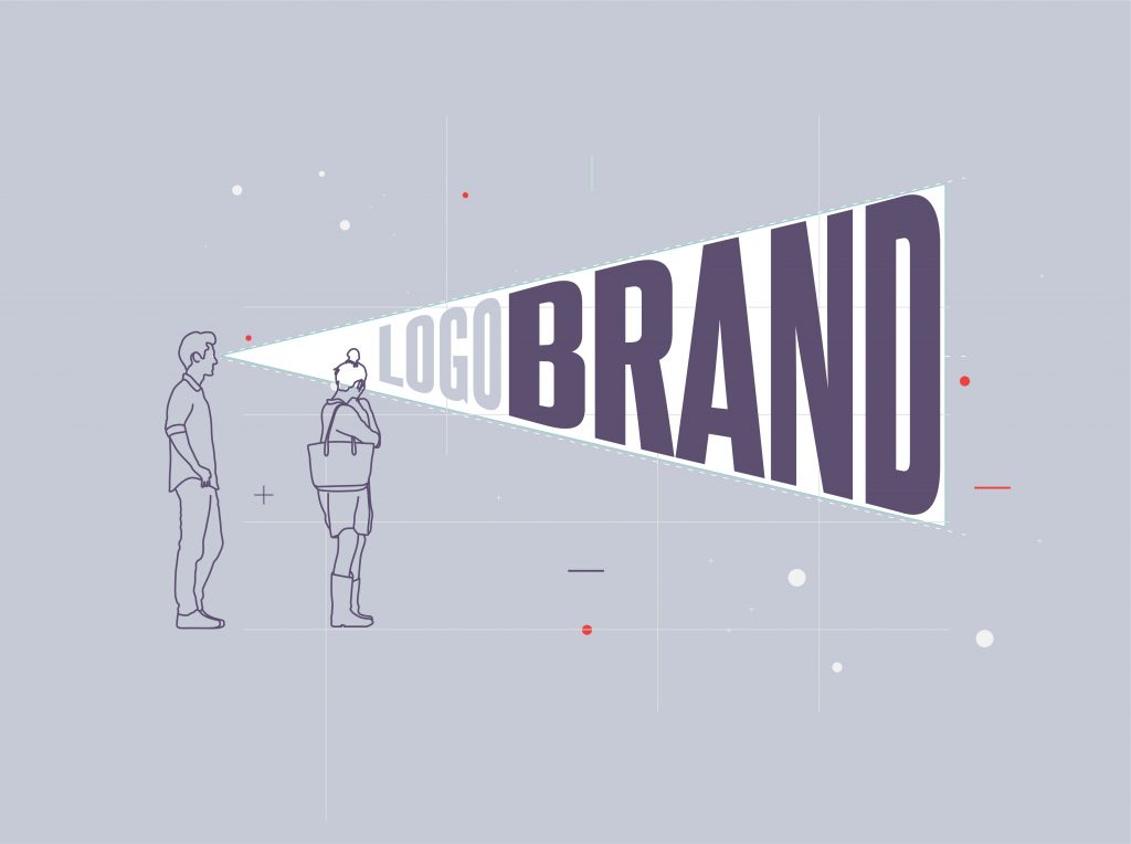 Two people in a line with "logo brand" coming out in call out