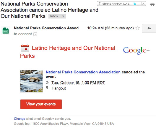 Screenshot of message notifying NPCA's canceled Google + event