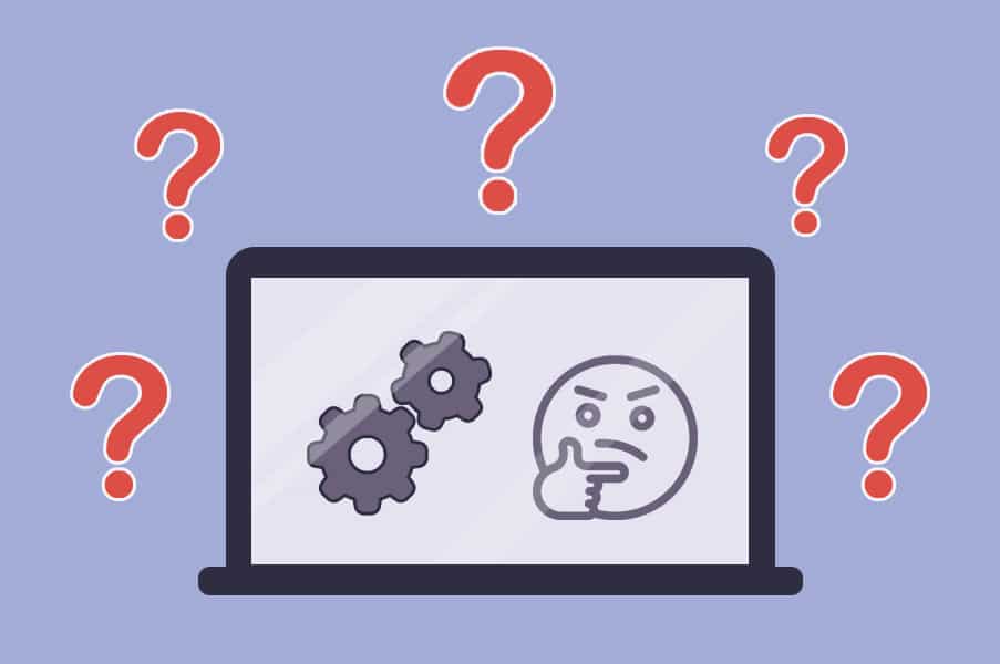 graphic of computer with confused face and gears on it with questions marks all around