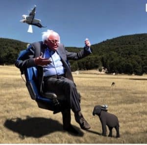 bernie sanders flying with jetpack with baby elephant next to him